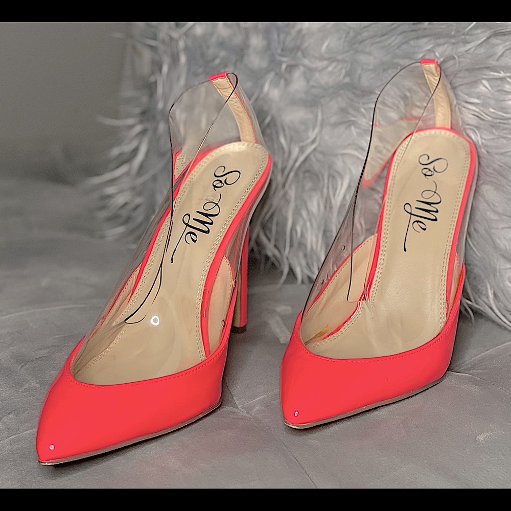 Size 10 “So Me” Hot Pink Pumps with clear wrap starting from the toes up 4” heel